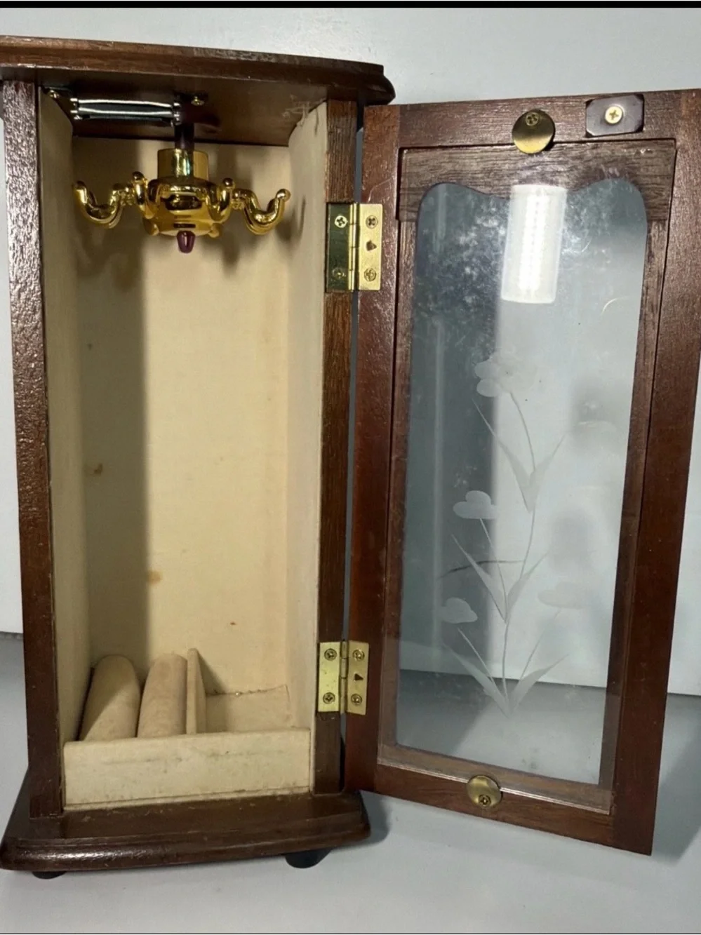 Wood-Finish Brown Jewelry Cabinet with Etched Glass Door